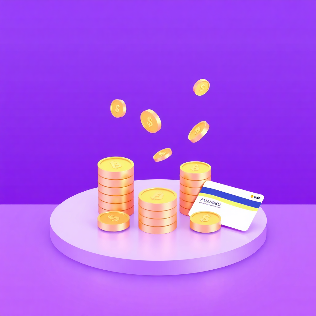 modern abstract financial illustration with floating coins and payment cards, minimalist design, purple and blue gradient, 3D rendering
